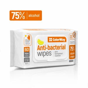 Antibakterinės servetėlės rankoms ir paviršiams Colorway, 75 % alkoholio, 15x17cm, 60vnt pakuotėje, citrinų kvapo