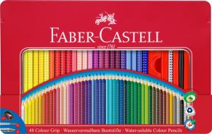 Spalvoti pieštukai Faber-Castell Grip, 48 spalvų, metalinėje dėžutėje