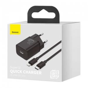 „Super Si 1C“ greitas sieninis įkroviklis C tipo USB, 20 W maitinimo šaltinis + USB tipo C - Lightning kabelis 1 m juodas, „Baseus“