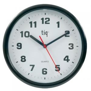Apvalus sieninis laikrodis TIQ, pakabinamas, baltos spalvos, juodos spalvos rėmelis, diametras 24,5 cm