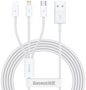 Kabelis Baseus Superior, iš USB į microUSB+Lightning+Type-C, 3.5A, 1.5m, baltas, CAMLTYS-02