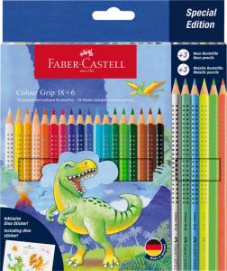 Spalvoti pieštukai Faber-Castell Colour Grip Dinozaurai, 18+6 spalvos