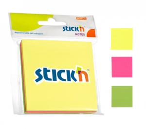 Lipnūs lapeliai Stick´N 21093, 76x76mm, 3x50 lapelių, 3 neoninės spalvos, blisteryje