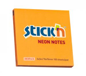 Lipnūs lapeliai Stick´N 21164, 76x76mm, 100 lapelių,neoninės  oranžinės spalvos