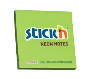 Lipnūs lapeliai Stick´N 21167, 76x76mm, 100 lapelių, neoninės žalios spalvos