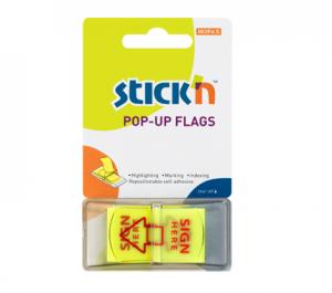 *Plastikiniai žymekliai Stick´N 26015, ´Parašas čia´, 45x25mm, 50vnt., neoninės geltonos spalvos, blisteryje