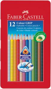 Spalvoti pieštukai Faber-Castell Grip, tribriauniai, 12 spalvų, metalinėje dėžutėje