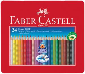 Spalvoti akvareliniai pieštukai Faber-Castell GRIP 2001, tribriauniai, 24 spalvų, metalinėje dežutėje