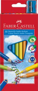 Spalvoti pieštukai Faber-Castell Junior Grip, tribriauniai, 10 spalvų, su drožtuku