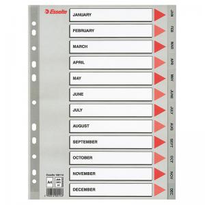 Skiriamieji lapai Esselte, A4, January - December, plastikiniai, pilkos spalvos