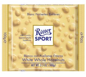 Baltas šokoladas Ritter Sport, su neskaldytais lazdynų riešutais, 100g