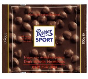 Tamsusis šokoladas Ritter Sport, su neskaldytais lazdynų riešutais, 100g