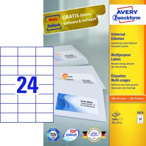 Lipnios etiketės Avery Zweckform, A4, 70x37mm, 24 etiketės lape, be rėmelio, 100 lapų, baltos spalvos