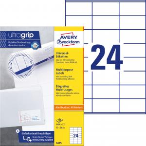 Lipnios etiketės Avery Zweckform, A4, 70x36mm, 24 etiketės lape, 100 lapų, baltos spalvos