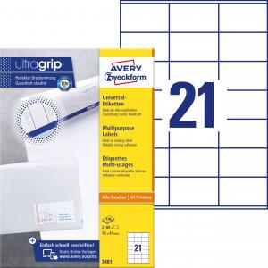 Lipnios etiketės Avery Zweckform, A4, 70x41mm, 21 etiketė lape, 100 lapų, baltos spalvos