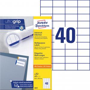 Lipnios etiketės Avery Zweckform, A4, 52.5x29.7mm, 40 etikečių lape, be rėmelio, 100 lapų, baltos spalvos