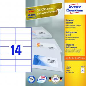 Lipnios etiketės Avery Zweckform, A4, 105x42,3mm, 14 etikėčių lape, be rėmelio, 100 lapų, baltos spalvos