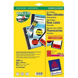 *Lipnios etiketės Avery Zweckform, A4, 63.5x29.6mm, 25 lapai, neoninės raudonos spalvos,