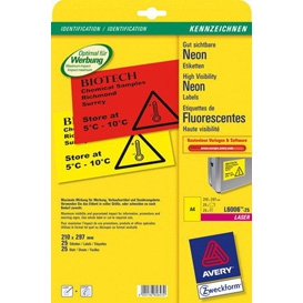 Lipnios etiketės Avery Zweckform, A4, 210x297mm, 25 lapai, neoninės geltonos spalvos