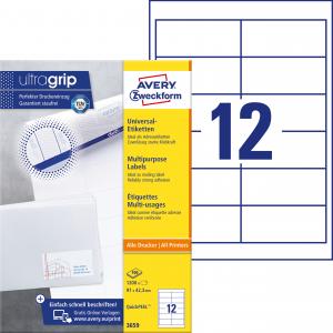 Lipnios etiketės Avery Zweckform, A4, 97x42,3mm, 12 etikečių lape, 100 lapų, baltos spalvos