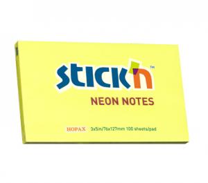 Lipnūs lapeliai Stick´N 21135, 76x127mm, 100 lapelių, neoninės geltonos spalvos